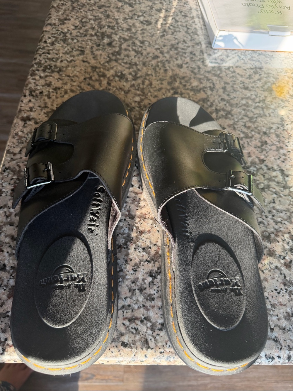 Dr. Martens Black Leather Double Buckle Slide Sandals with Yellow Stitching
